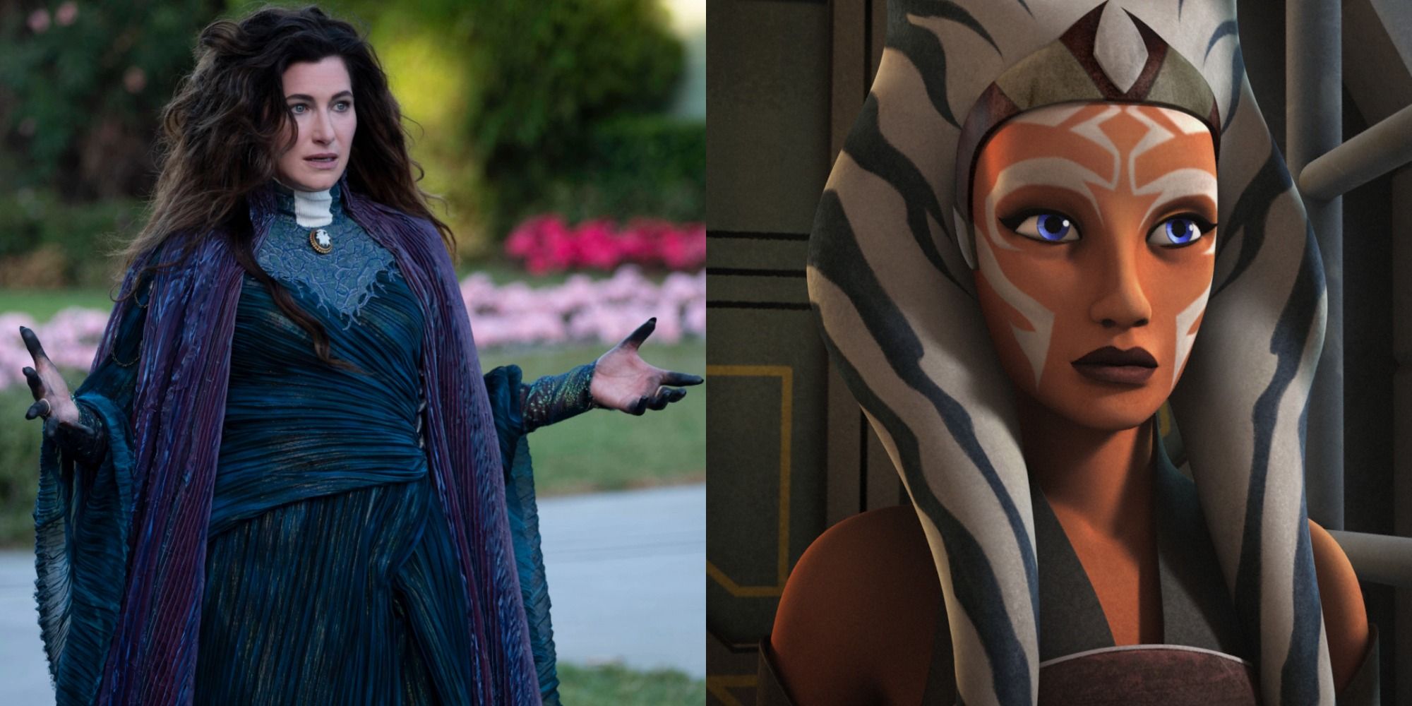 SPlit image showing Agatha in WandaVision and Ahsoka in Star Wars: Rebels.