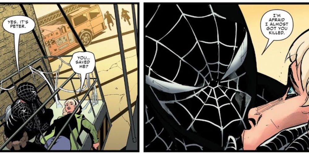 Spider-Punisher speaks to Gwen Stacy after saving her in Marvel comics