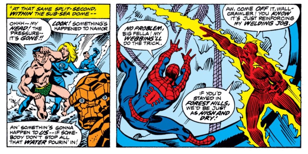 Spider-Man fighting alongside the Fantastic Four in Marvel comics