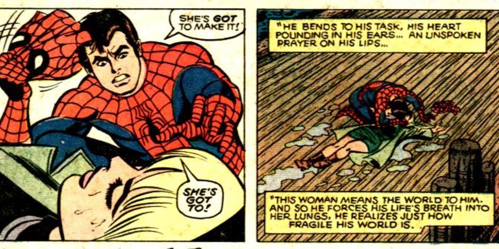 Peter Parker tries to save Gwen Stacy in a What If? comic