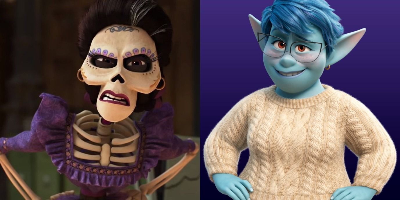 A split image features Pixar characters Mama Imelda from Coco and Laurel Lightfoot from Onward