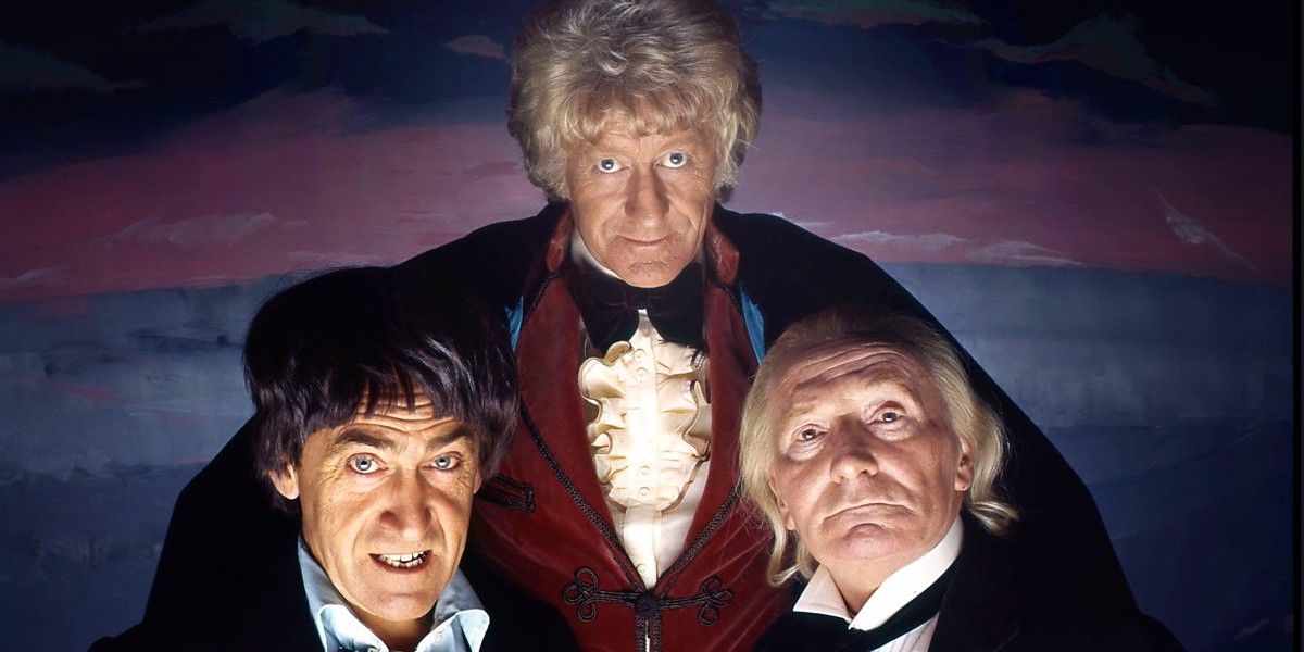William Hartnell, Patrick Troughton e Jon Pertwee em Os Três Doutores Doctor Who