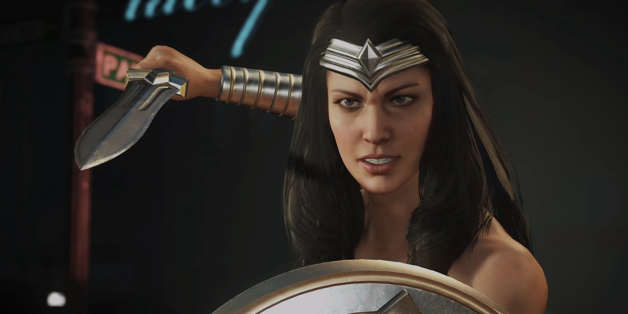 Wonder Woman readying her sword and shield in Injustice 2