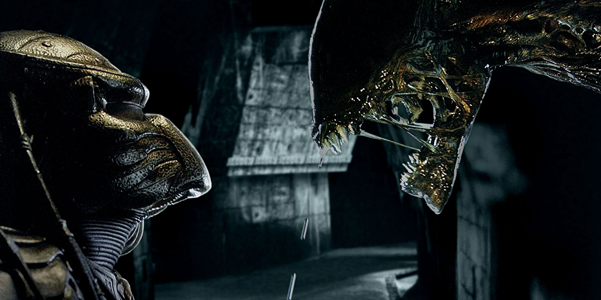 Yautja and Xenomorph glaring at each other in promo banner for Alien Vs. Predator 2004