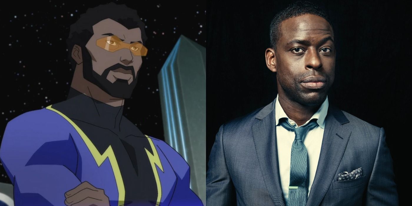 Split image showing Black Lightning from Young Justice and Sterling K. Brown.