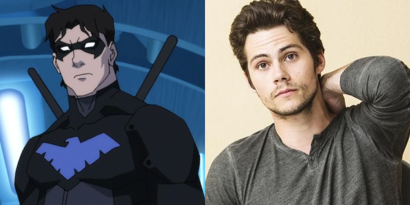 Split image showing Nightwing from Young Justice and Dylan O'Brien.