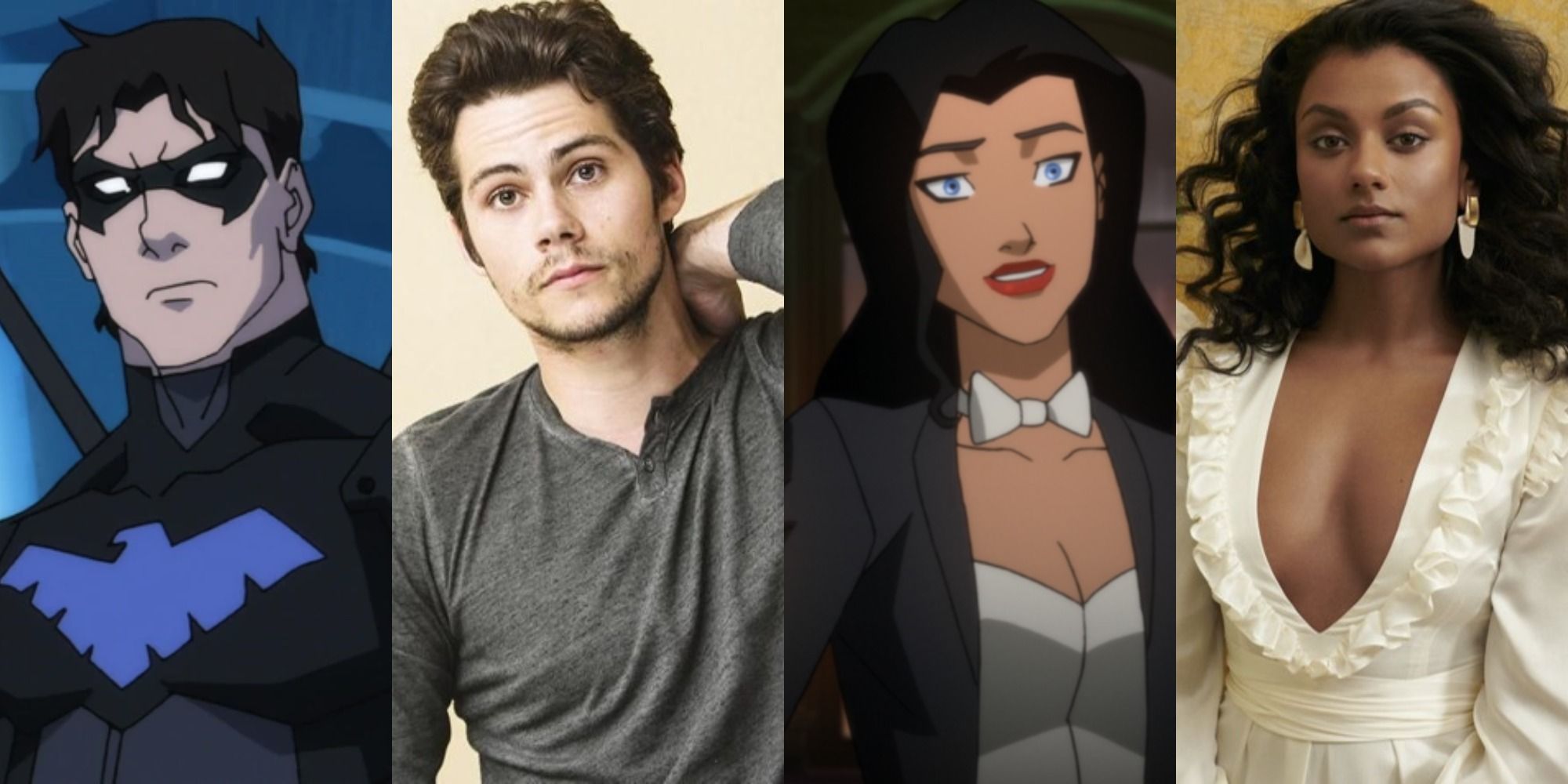 Split image showing Nightwing and Zatanna from Young Justice, and Dylan O'Brien and Simone Ashley.