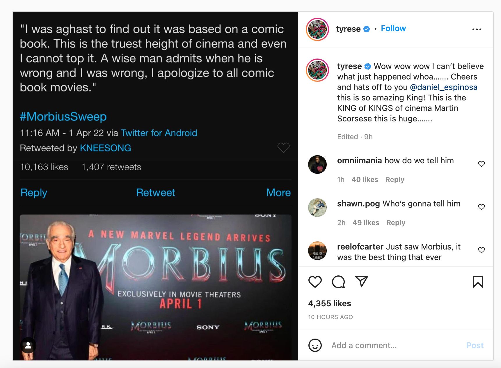 a now deleted instagram post from Tyrese sharing a fake Morbius review from Martin Scorsese