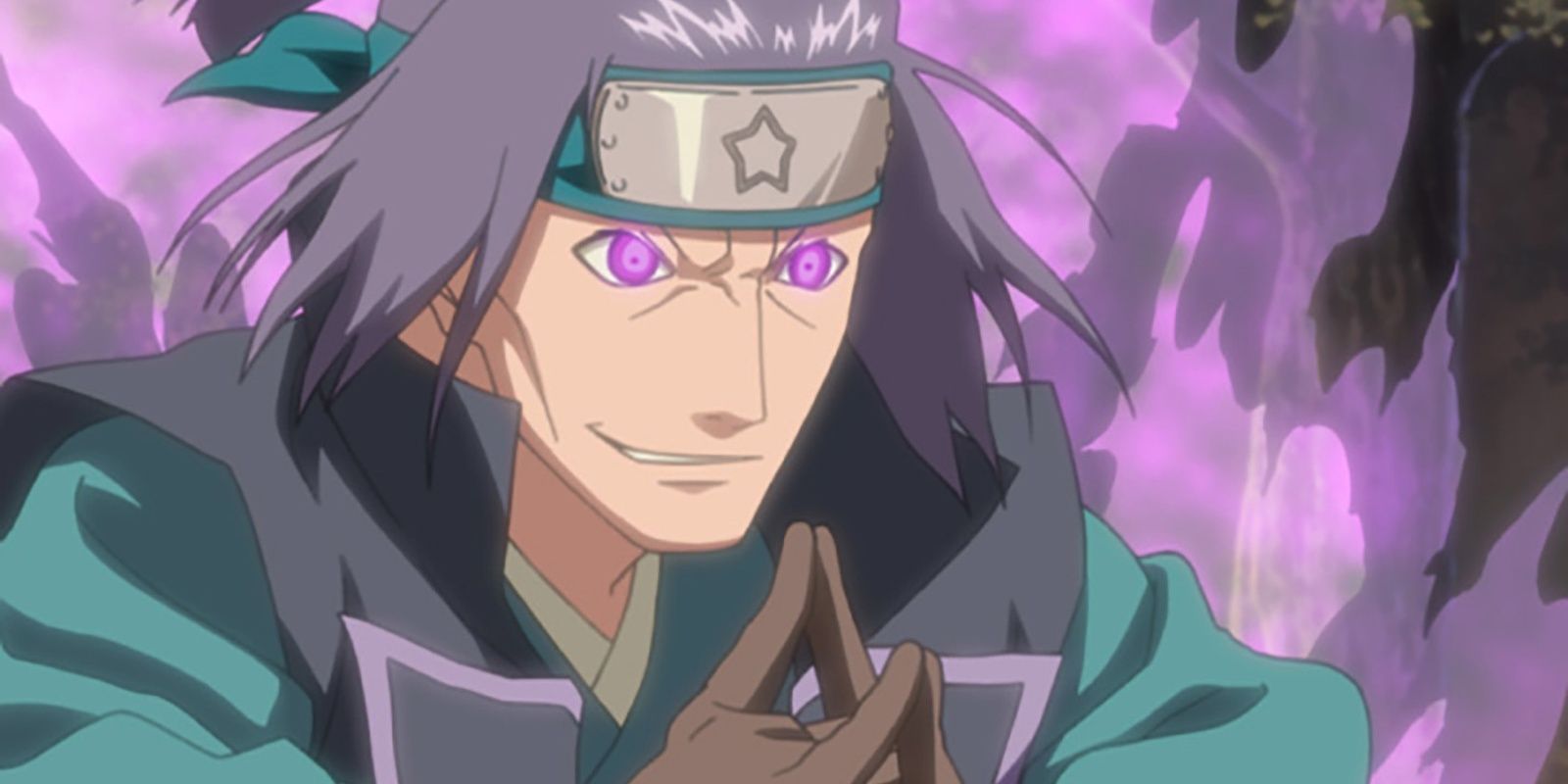 A grinning Akahoshi builds up his chakra for an attack in Naruto.