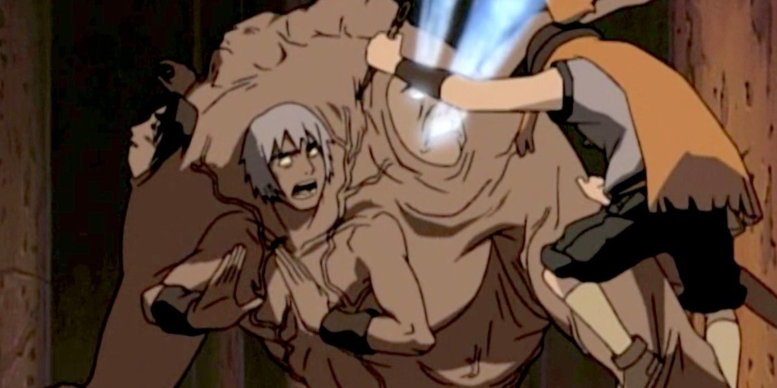 A transformed Arashi is stopped from attacking by Sasame in Naruto.