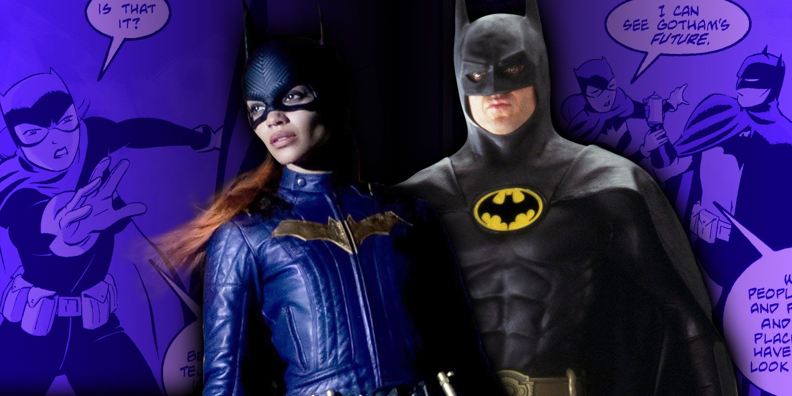 Montage of Leslie Grace's Batgirl and Michael Keaton's Batman.