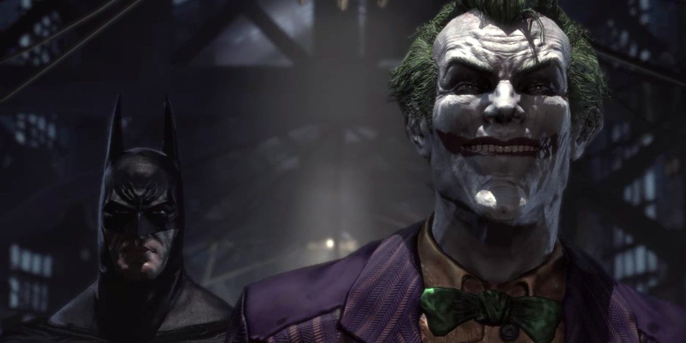 The Joker laughs after killing a henchman in the Arkhamverse