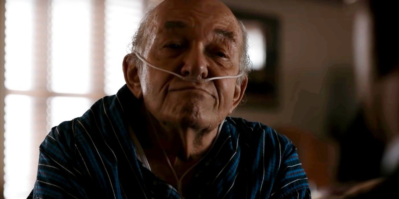 Hector from Better Call Saul sitting in his wheelchair with oxygen in his nose looking ahead at someone.