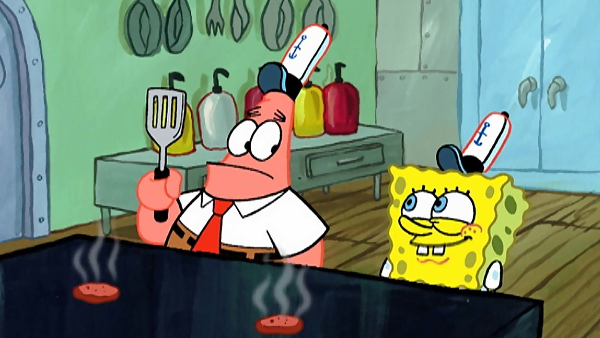 Patrick and spongebob side by side in krusty krab
