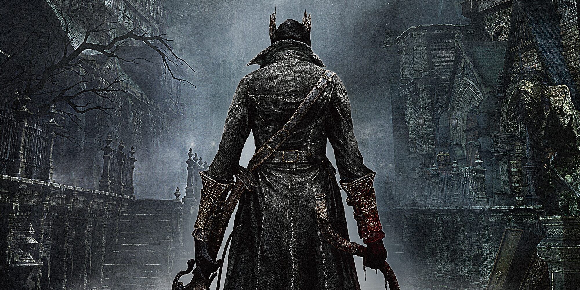 A Bloodborne Character stands with his back to the camera and surveys the foggy streets