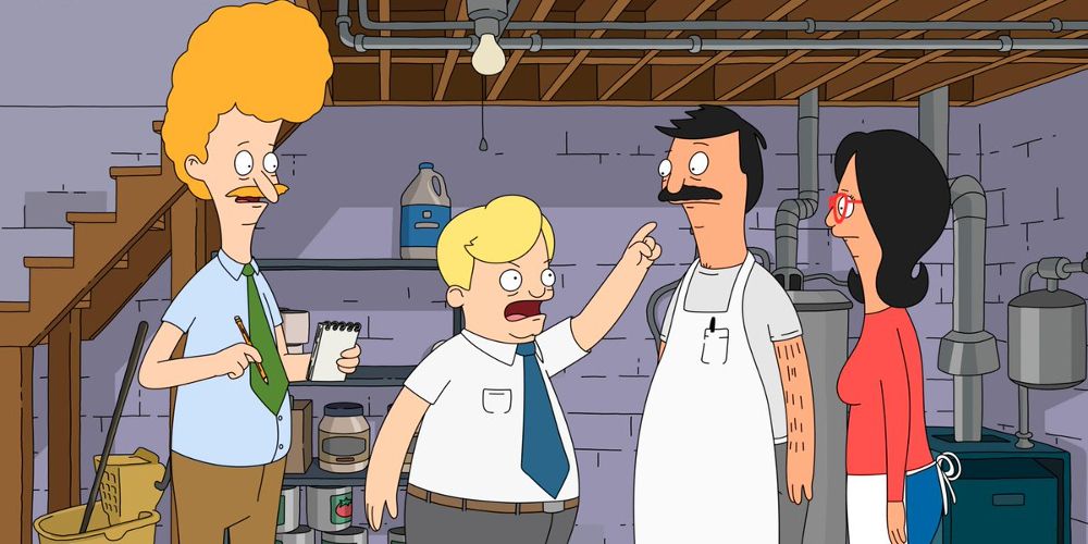Hugo points at Bob in the kitchen in Bob's Burgers