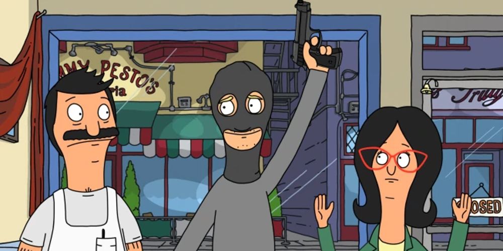 Robber holds up a gun in the diner in Bob's Burgers 