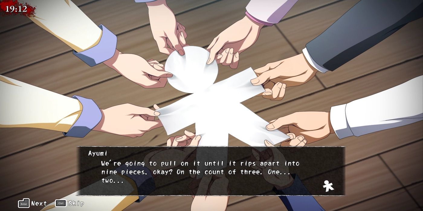 A screenshot of all the main cast in the first Corpse Party game touching the Sachiko Ever After charm