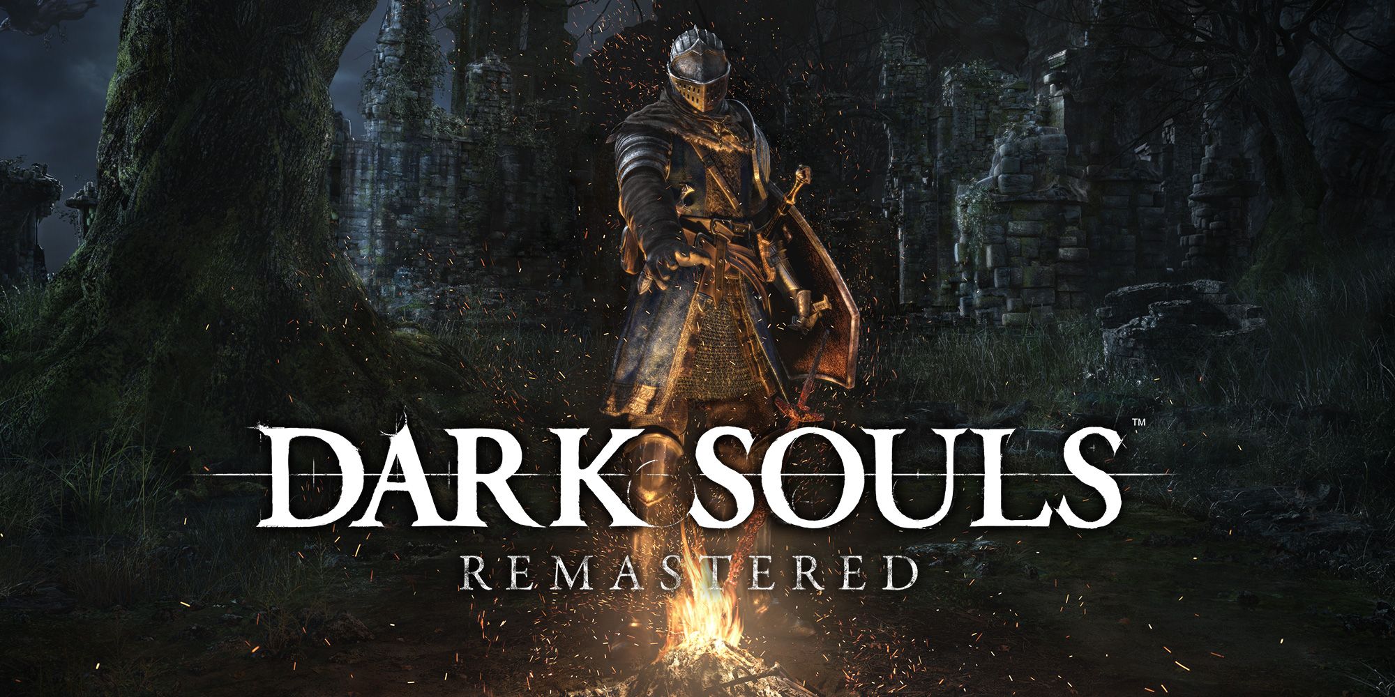 Cover Art of Dark Souls Remastered, with the player lighting a bonfire and the title of the game at the bottom of the image