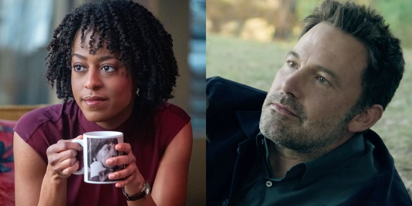 Split image of Devyn Tyler holding a coffee mug and Ben Affleck in Deep Water.