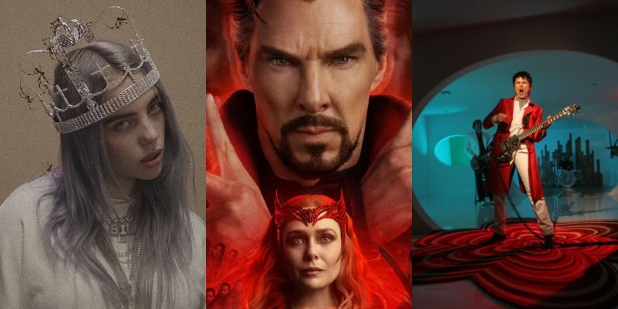 Split image of Billie Eilish, Doctor Strange 2 poster, and Muse