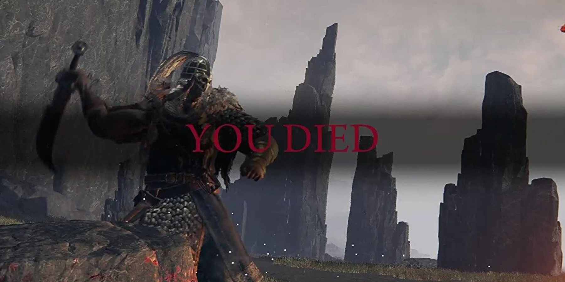 An armored Elden Ring character swinging a sword, with the Dark Souls "You Died" text overlaid.