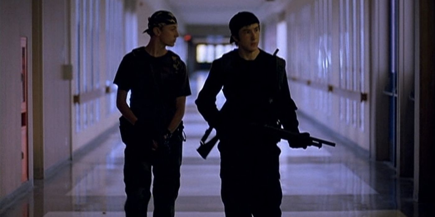 Two shooters walk down the halls of a high school