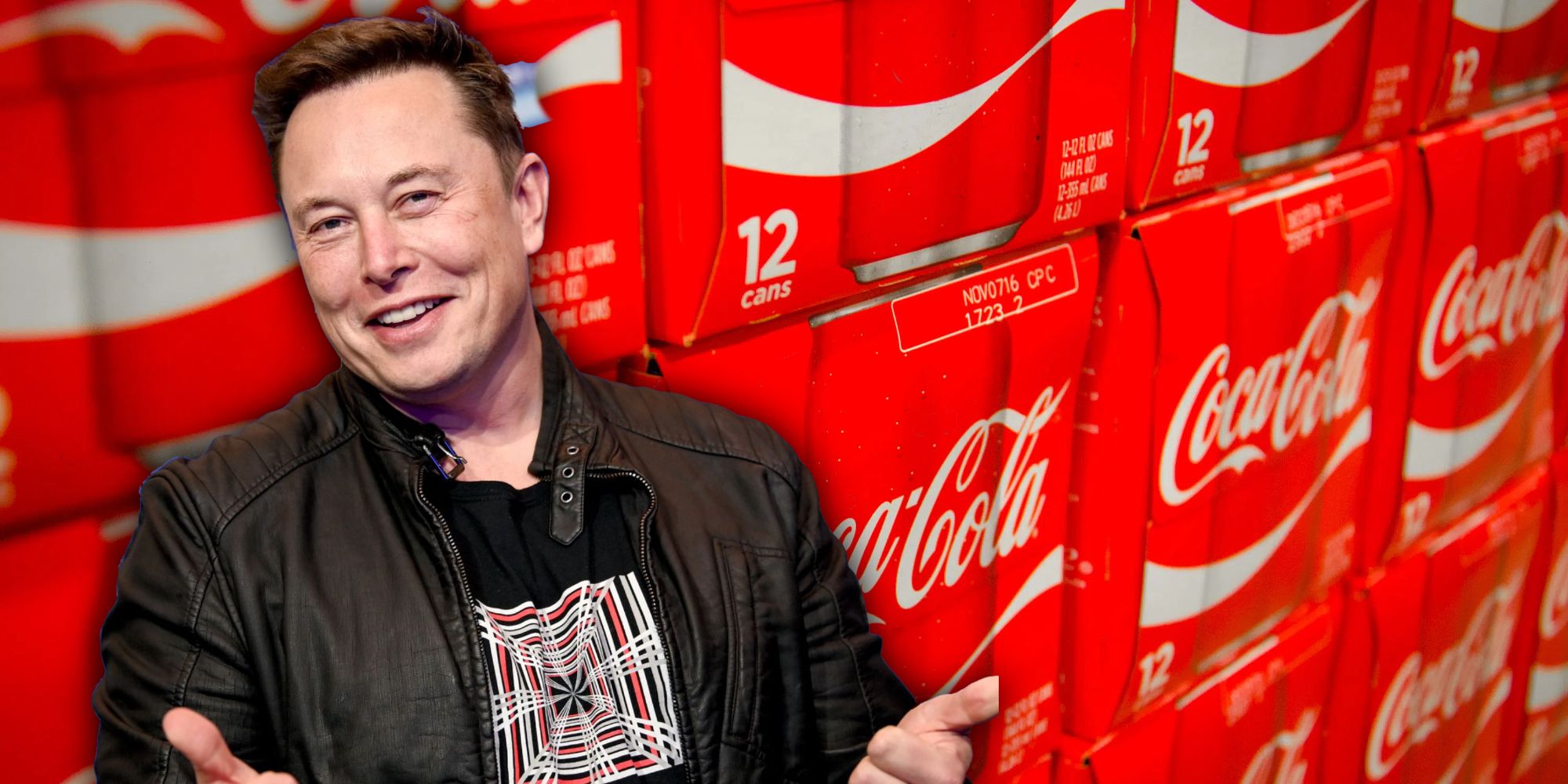 Elon Musk in front of packages of Coke