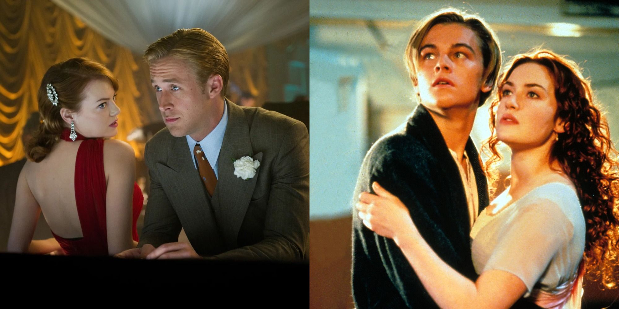 Split image of Emma Stone and Ryan Gosling and Leonardo DiCaprio and Kate Winslet