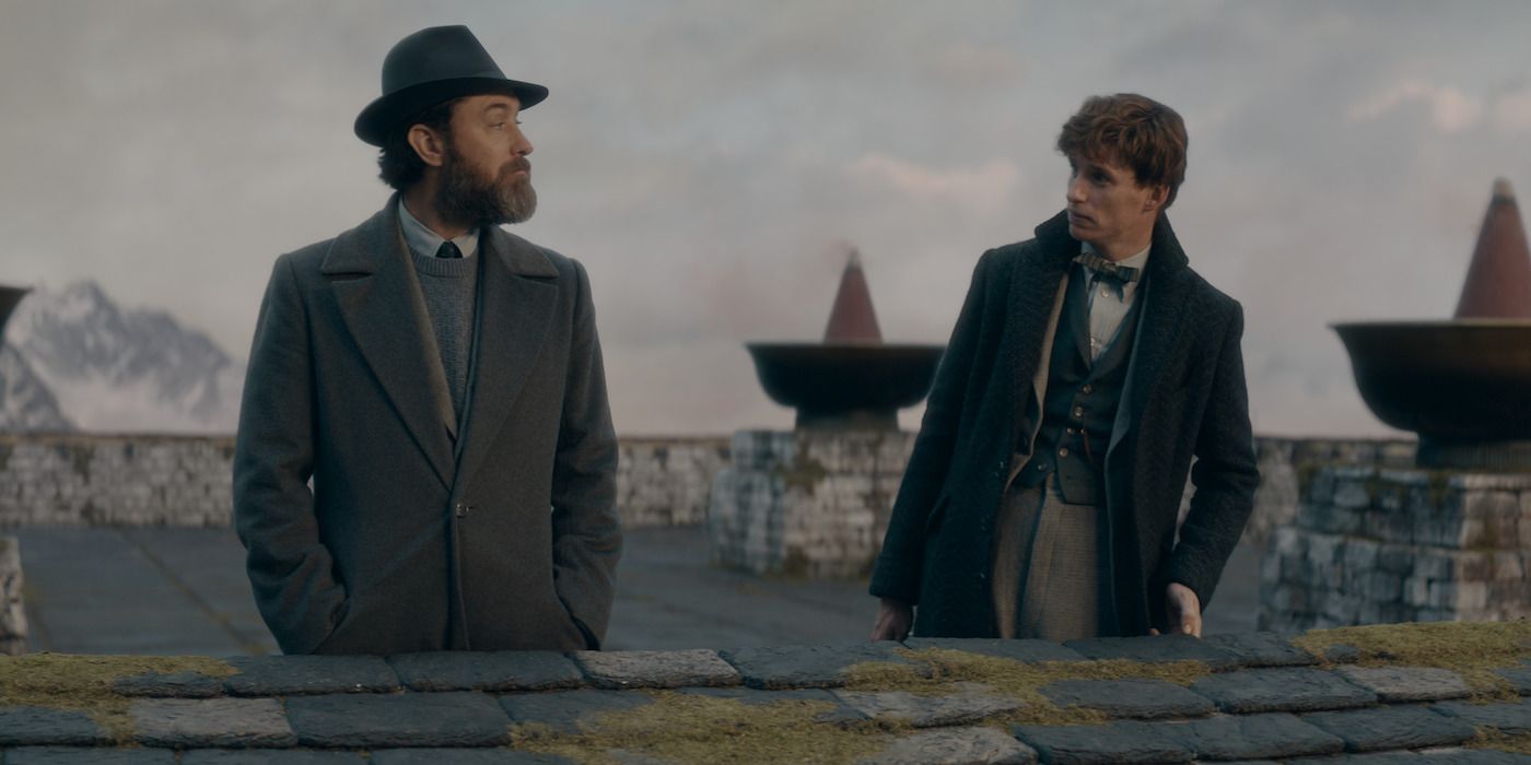 Newt and Dumbledore talking to each other on a roof top