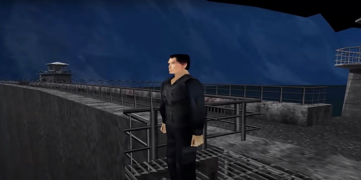 James Bond about to jump off the dam at the end of the first level in the N64 game GoldenEye 007