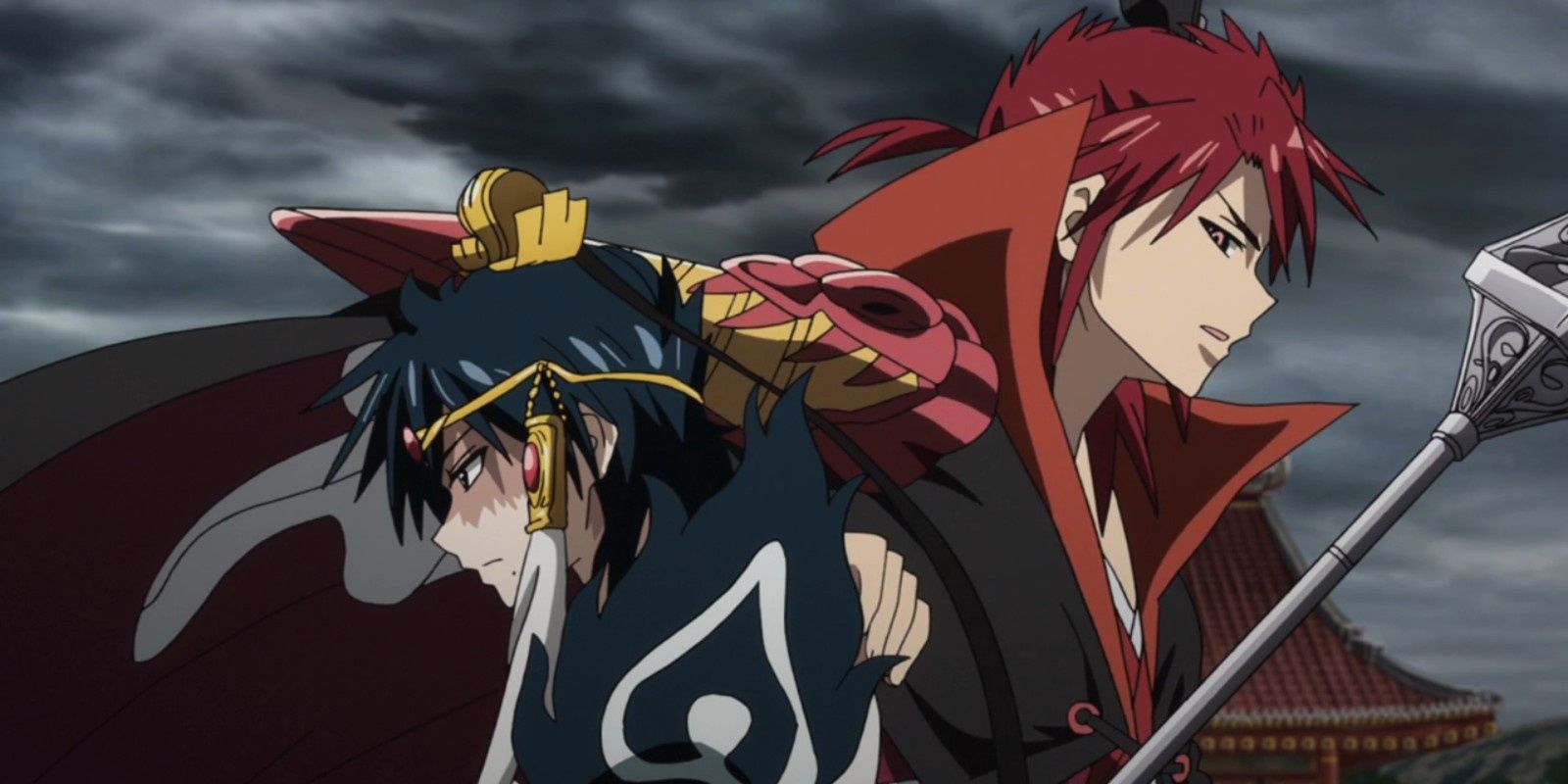 Kouen putting a hand on Hakuryuu's shoulder as he passes by in Magi: Labyrinth of Magic. 