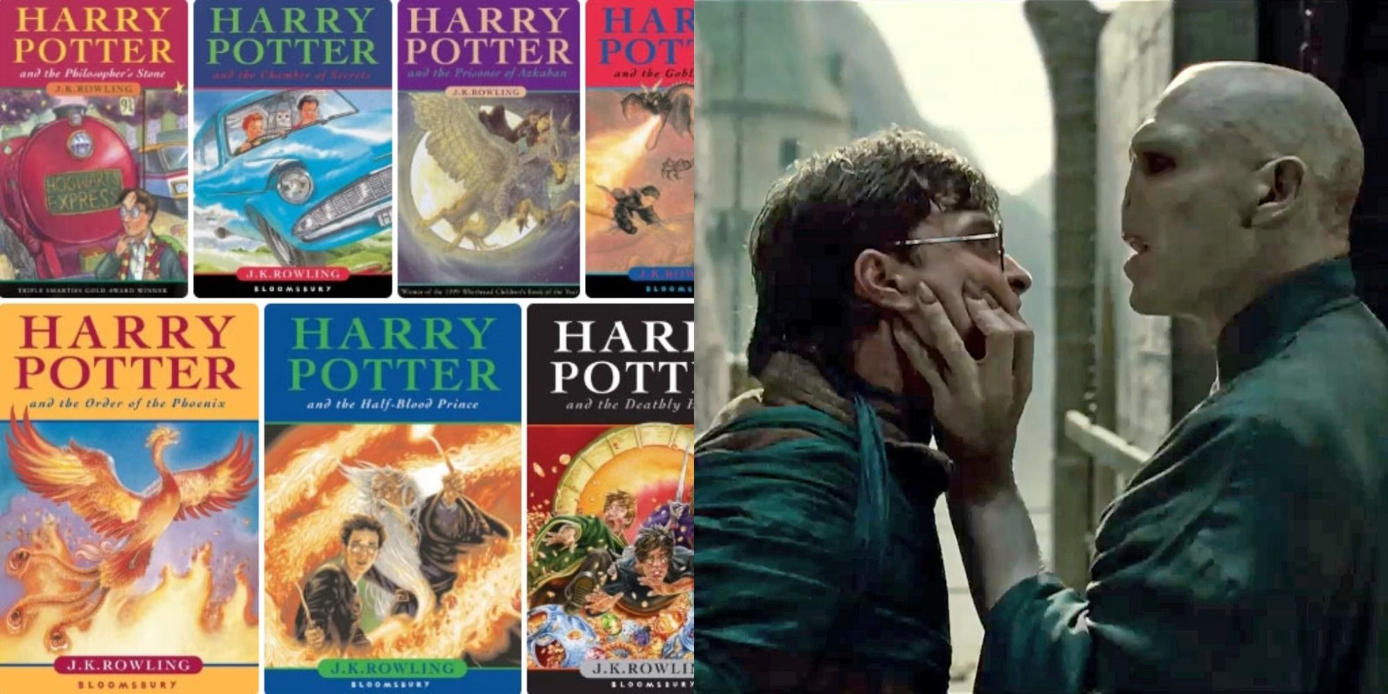 Split image of Harry Potter book covers and Harry & Voldemort's final showdown