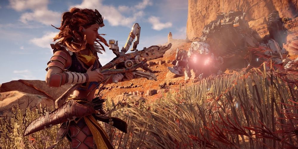 Aloy shoots a Tearblaster in Horizon Zero Dawn