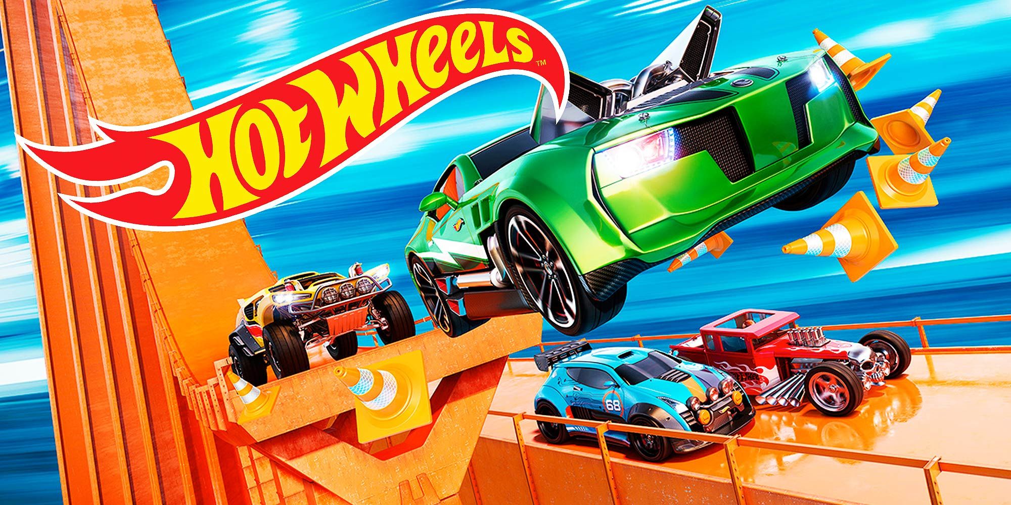 An illustration of hot wheels cars on a track
