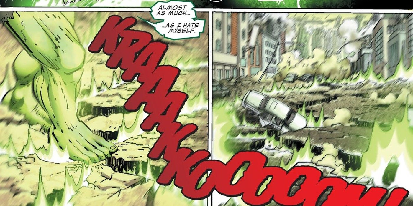 Hulk's footstep cracking the ground and causing destruction due to his density