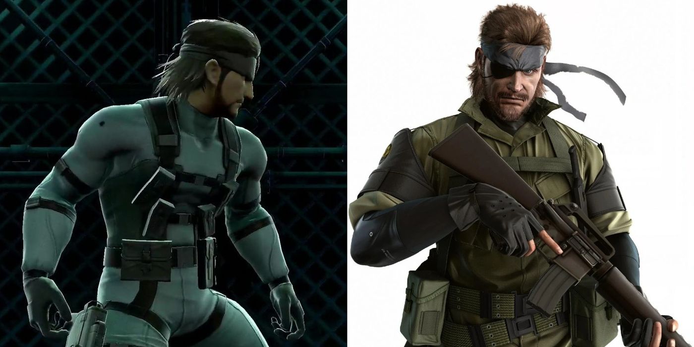 Solid Snake stands in profile and Big Biss holds a long gun in Metal Gear Solid