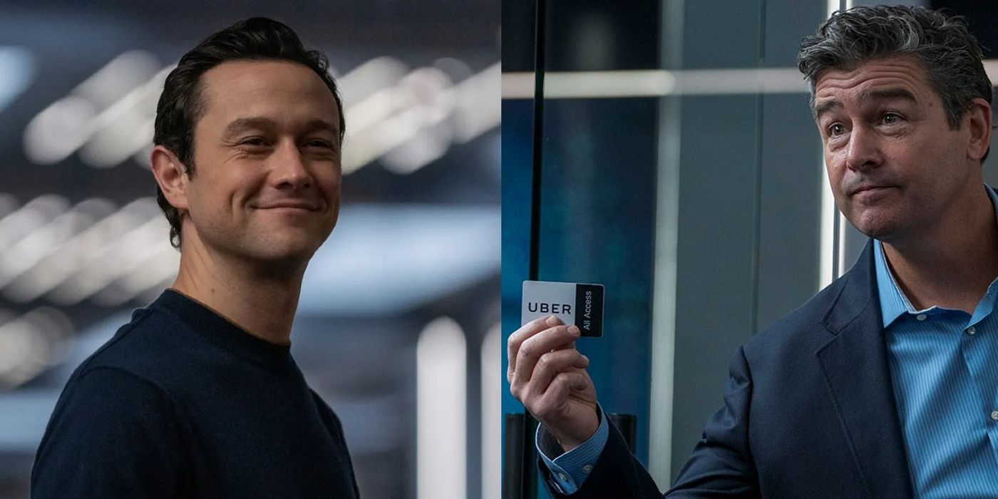 Travis smiles and Bill presents a business card in the office in Super Pumped: The Battle for Uber