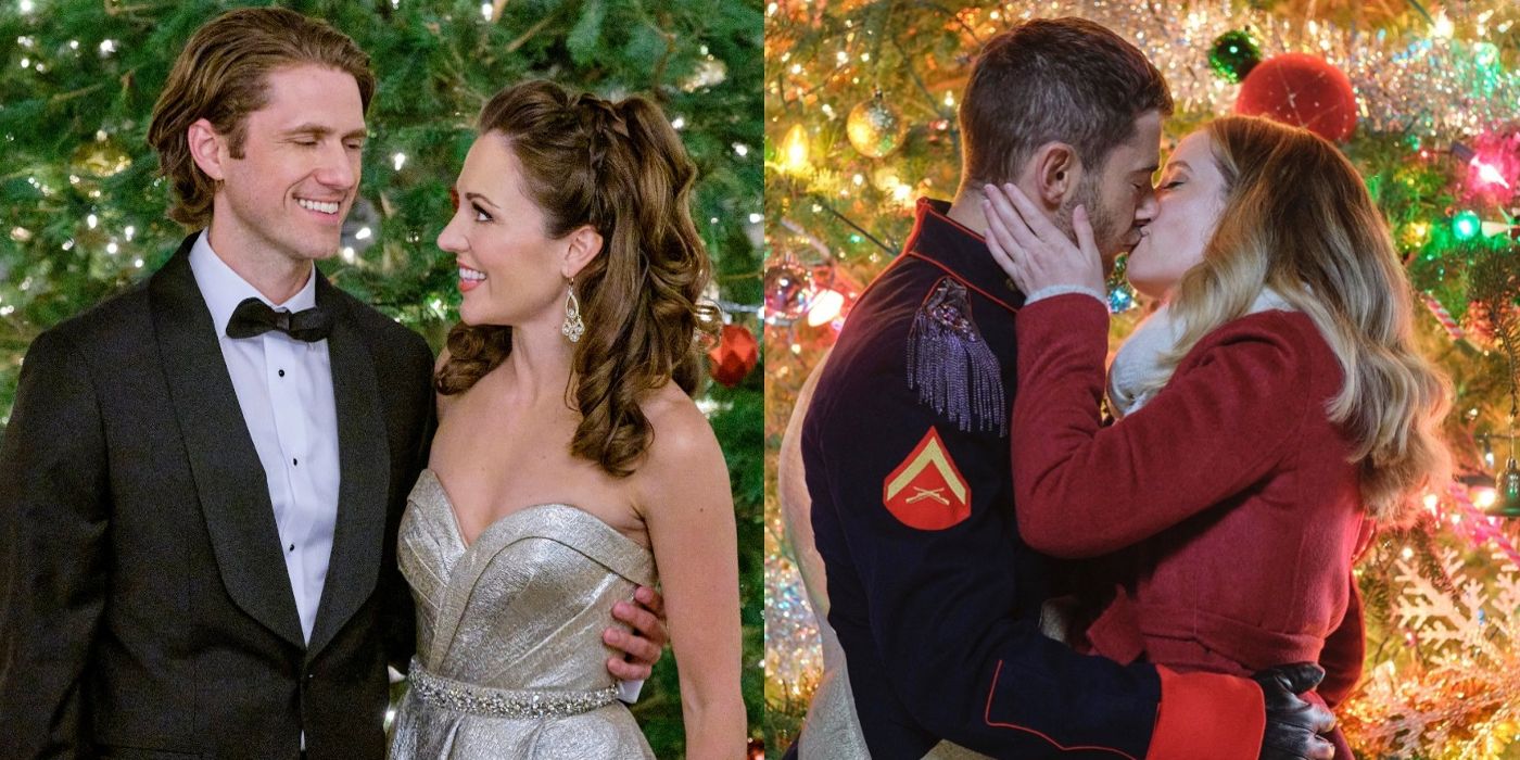 Jesse and Anna embrace by a Christmas tree in One Royal Holiday and lovers kiss in A Royal Queens Christmas