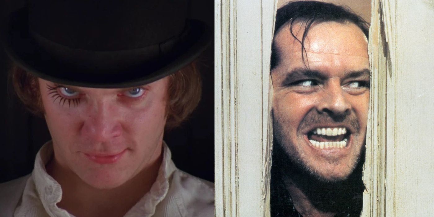 Alex stares at the camera in A Clockwork Orange and Jack pokes his head through the bathroom door in The Shining
