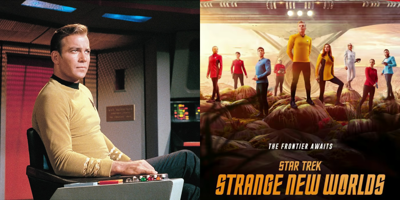 Split image showing William Shatner as Kirk and a Strange New Worlds poster.