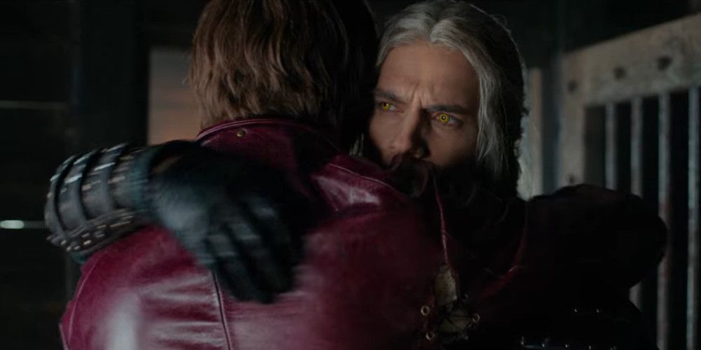 Jaskier and Geralt hugging in Season 2. 