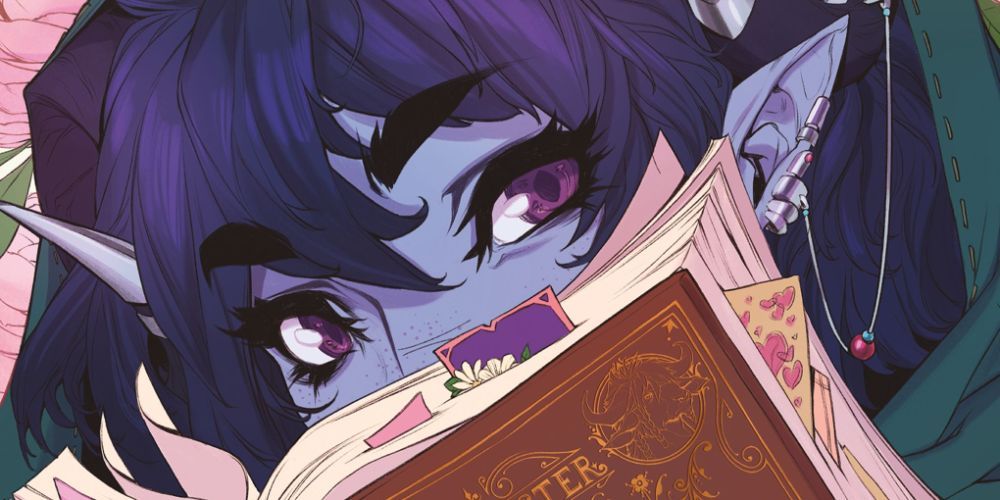 Critical Role's Jester Lavorre looking over a book