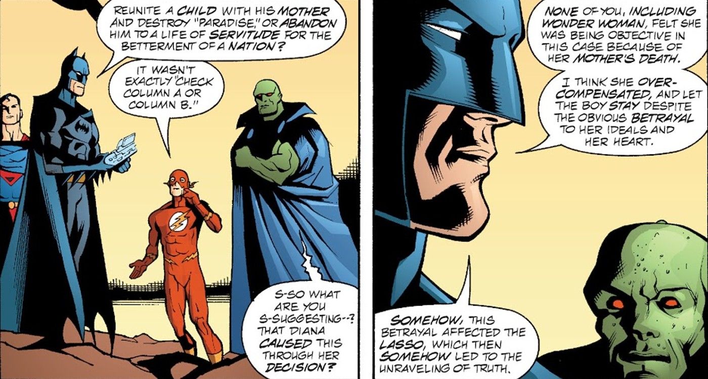 Batman explains what happened to the truth in JLA #64, the last part of the Golden Perfect storyline.