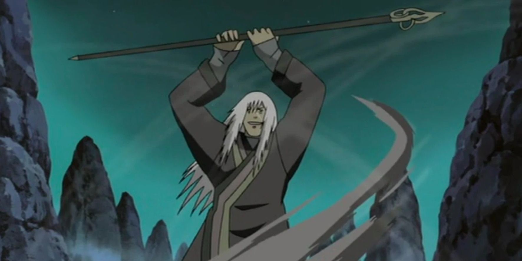 Kazuma lifts his staff to power up an attack in Naruto.