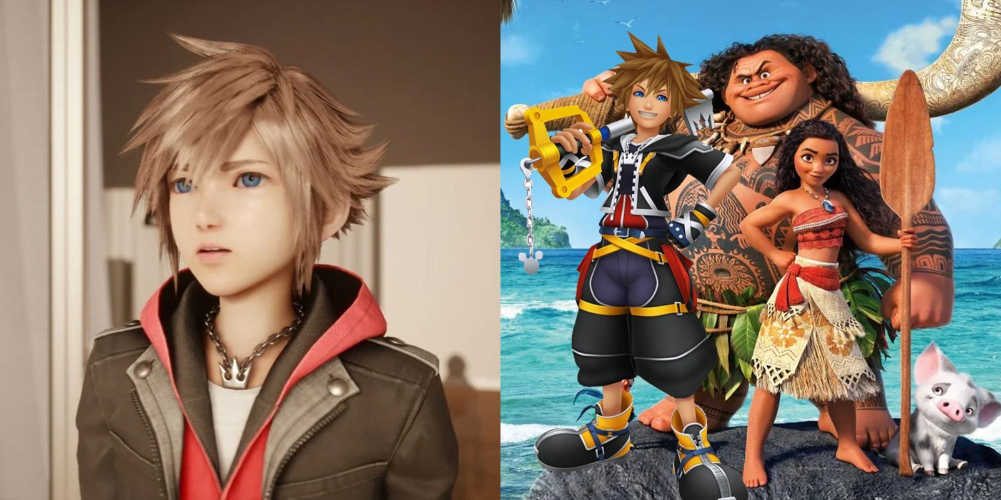 Split image of Sora in KH 4 and a photoshopped image of Sora with Moana and Maui