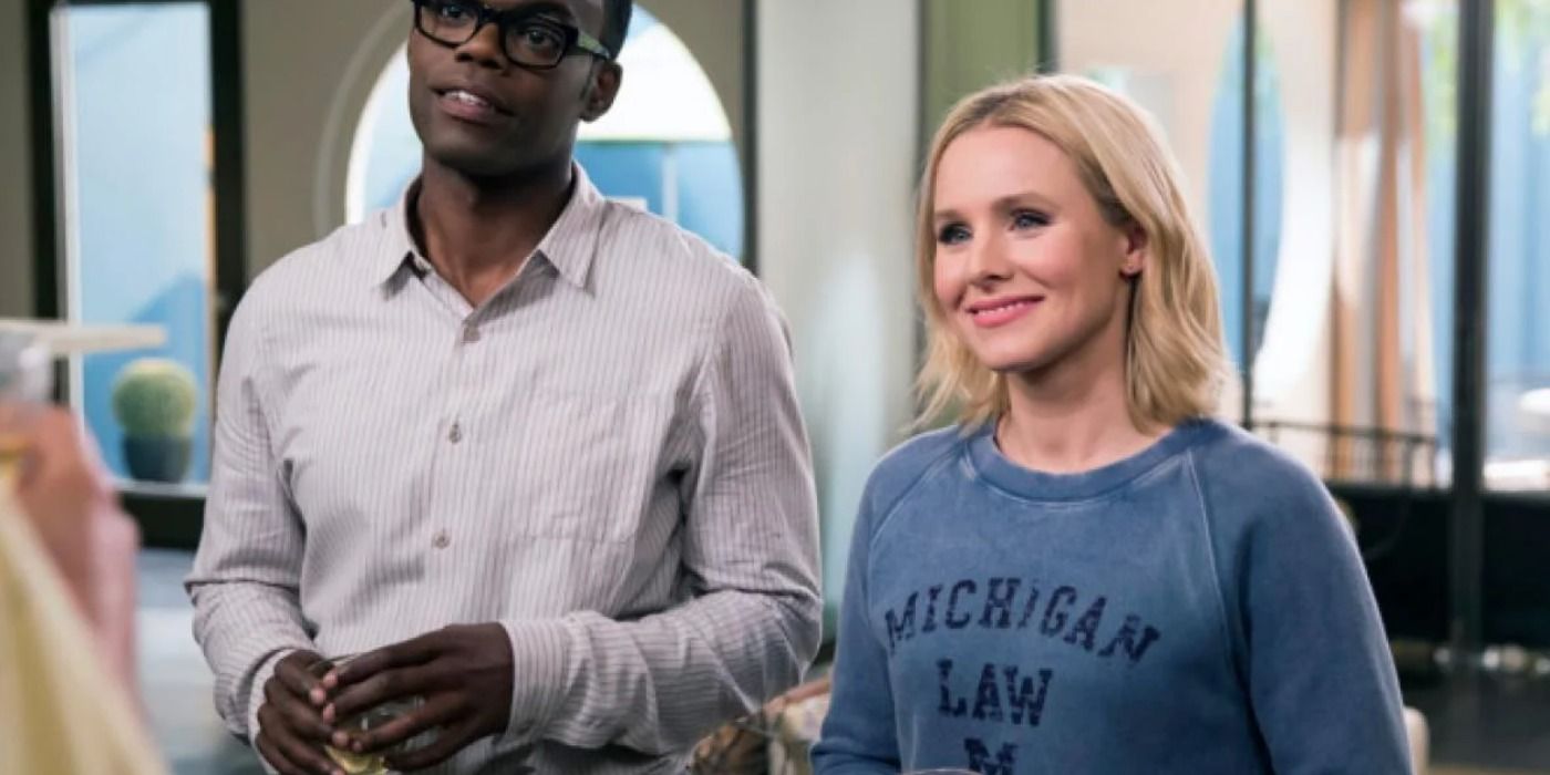 Kristen Bell wearing a Michigan shirt in The Good Place.