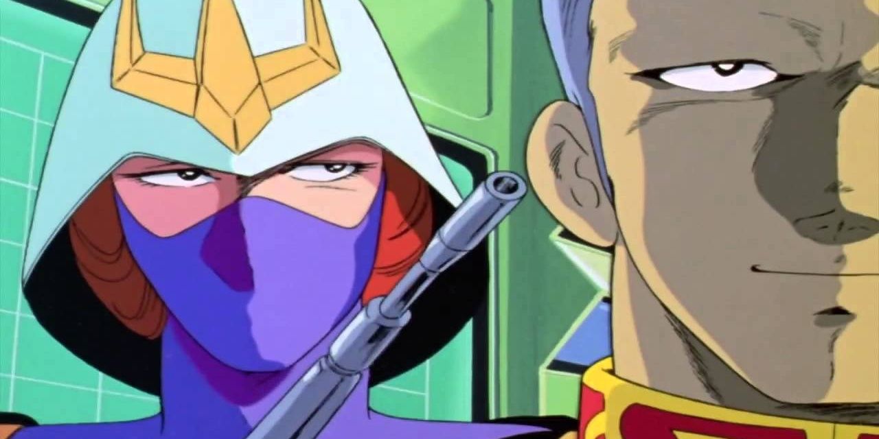 A masked Kycilia holds a gun to her smirking brother Gihren's head in Mobile Suit Gundam.