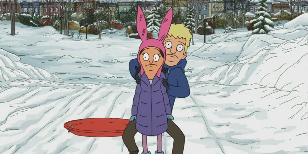 Logan pushes Louise in the snow in Bob's Burgers