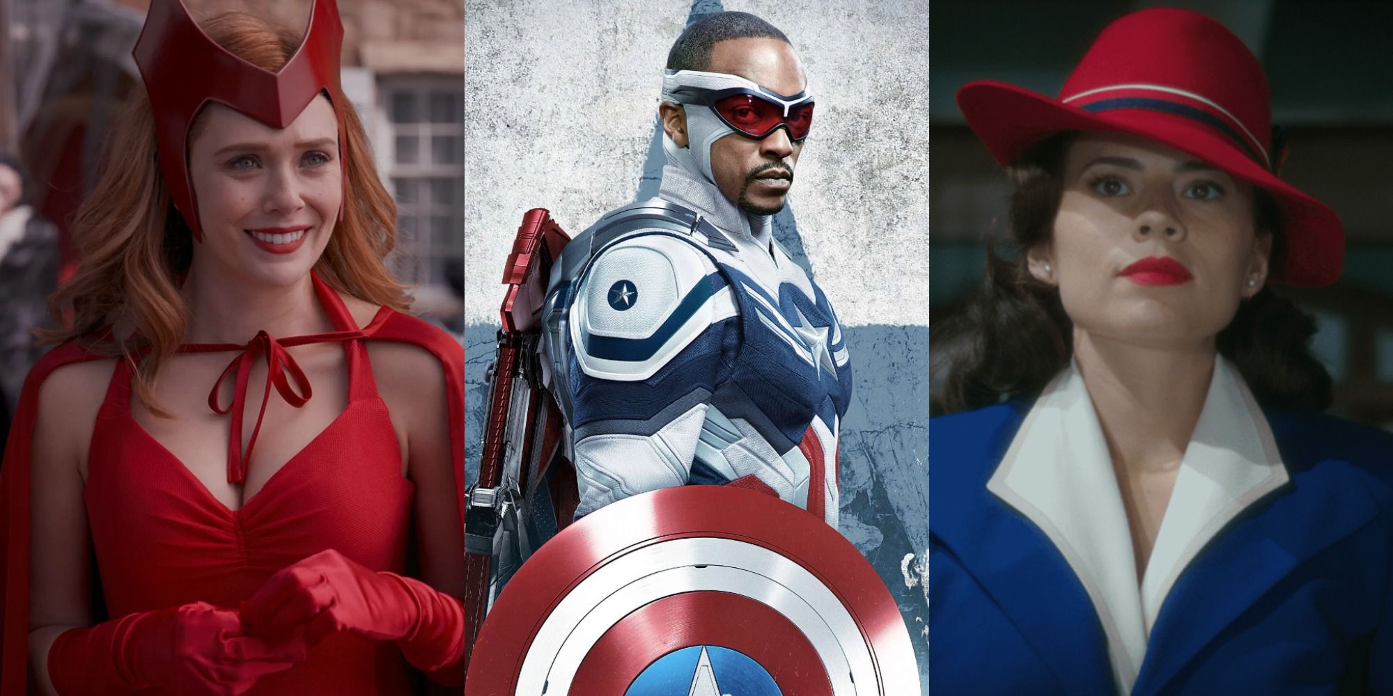 Wanda Maximoff, Sam Wilson/Captain America, and Peggy Carter in the MCU